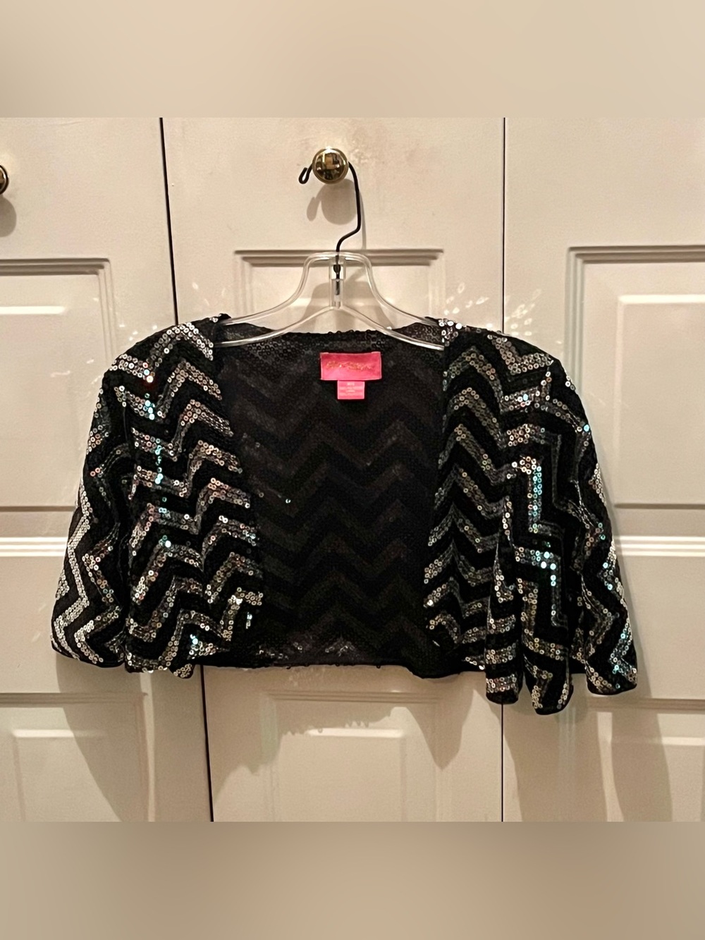 Betsey Johnson black silver striped sequin shrug cardigan